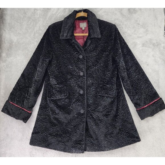 J Jill Jacket Womens Medium Petite Black Button Front Faux Persian Coat